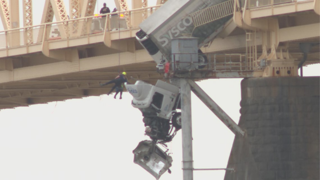 Driver Rescued from Truck Hanging from Louisville Bridge in Ohio River in a Shocking Scene!